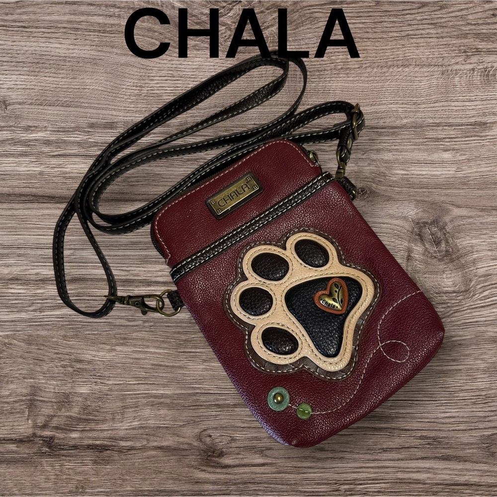 CHALA MAROON IVORY DOG PAW PRINT CELL PHONE CROSSBODY PURSE ADJUSTABLE STRAP!!